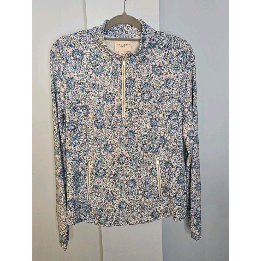 Laura Ashley Part Zip Active Jacket L Blue White Floral Preppy‎ Tennis
